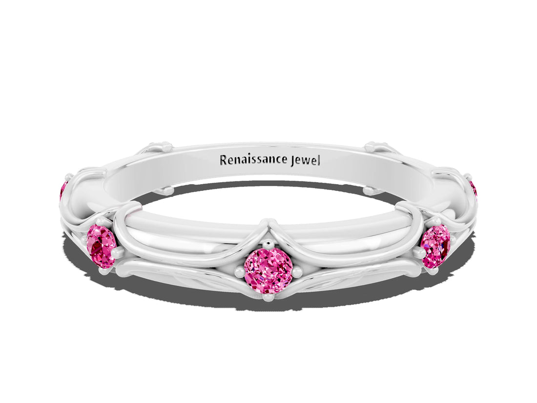 White gold Round Pink Sapphire Prong Set Milgrain Eternity Band_6