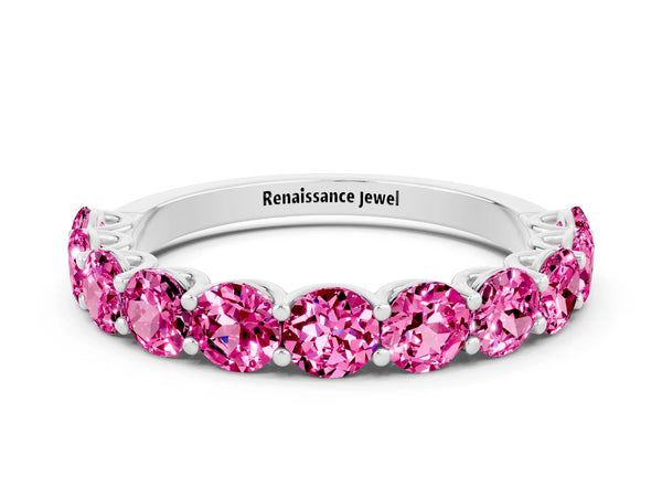 White Gold Round Lab-Grown Pink Sapphire Half Eternity Band with Open U Shared Prongs