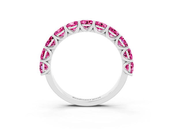 White Gold Round Lab-Grown Pink Sapphire Half Eternity Band with Open U Shared Prongs