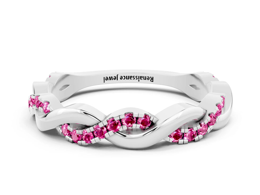 White gold Round Pink Sapphire Twist Eternity Band with Pavé Setting_6