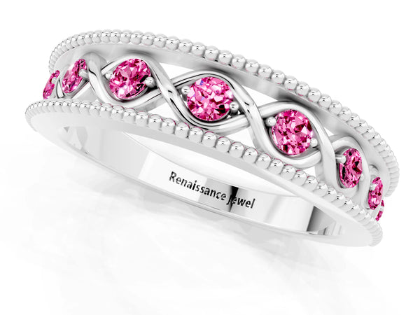 Platinum Round Lab-Grown Pink Sapphire Vintage Twist Wedding Band with Milgrain Rails