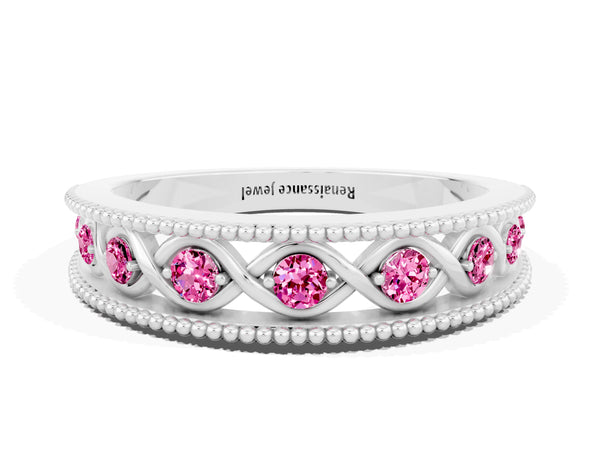 White Gold Round Lab-Grown Pink Sapphire Vintage Twist Wedding Band with Milgrain Rails
