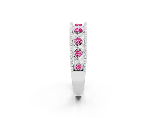 White Gold Round Lab-Grown Pink Sapphire Vintage Twist Wedding Band with Milgrain Rails