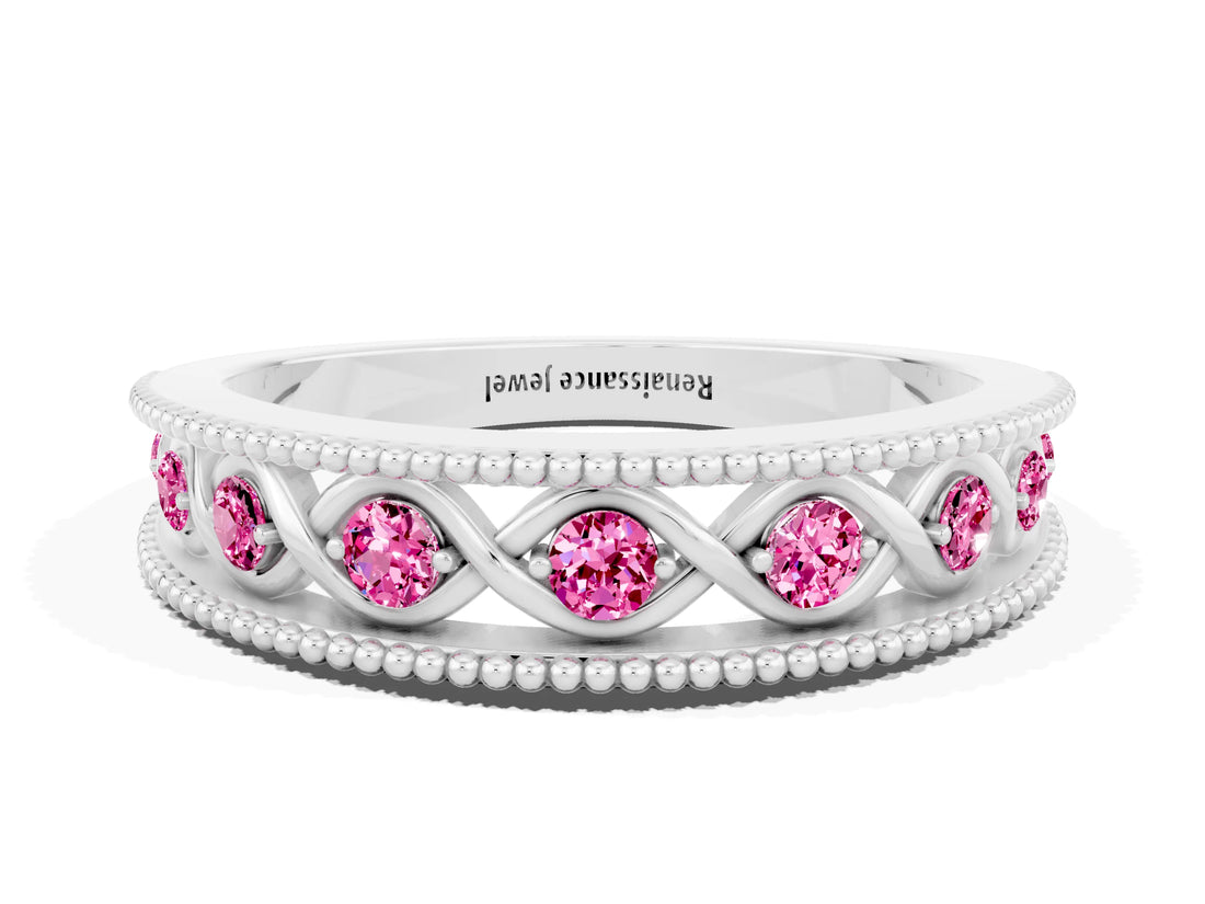 White gold Round Pink Sapphire Twist Milgrain Band with Bezel Setting
