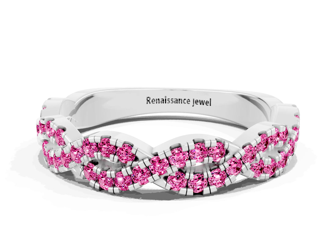White gold Round Pink Sapphire Twisted Eternity Band with Pavé and Shared Prong Setting_30