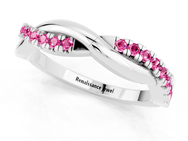 Platinum Round Lab-Grown Pink Sapphire Half Eternity Infinity Twist Wedding Band