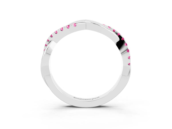 White Gold Round Lab-Grown Pink Sapphire Half Eternity Infinity Twist Wedding Band