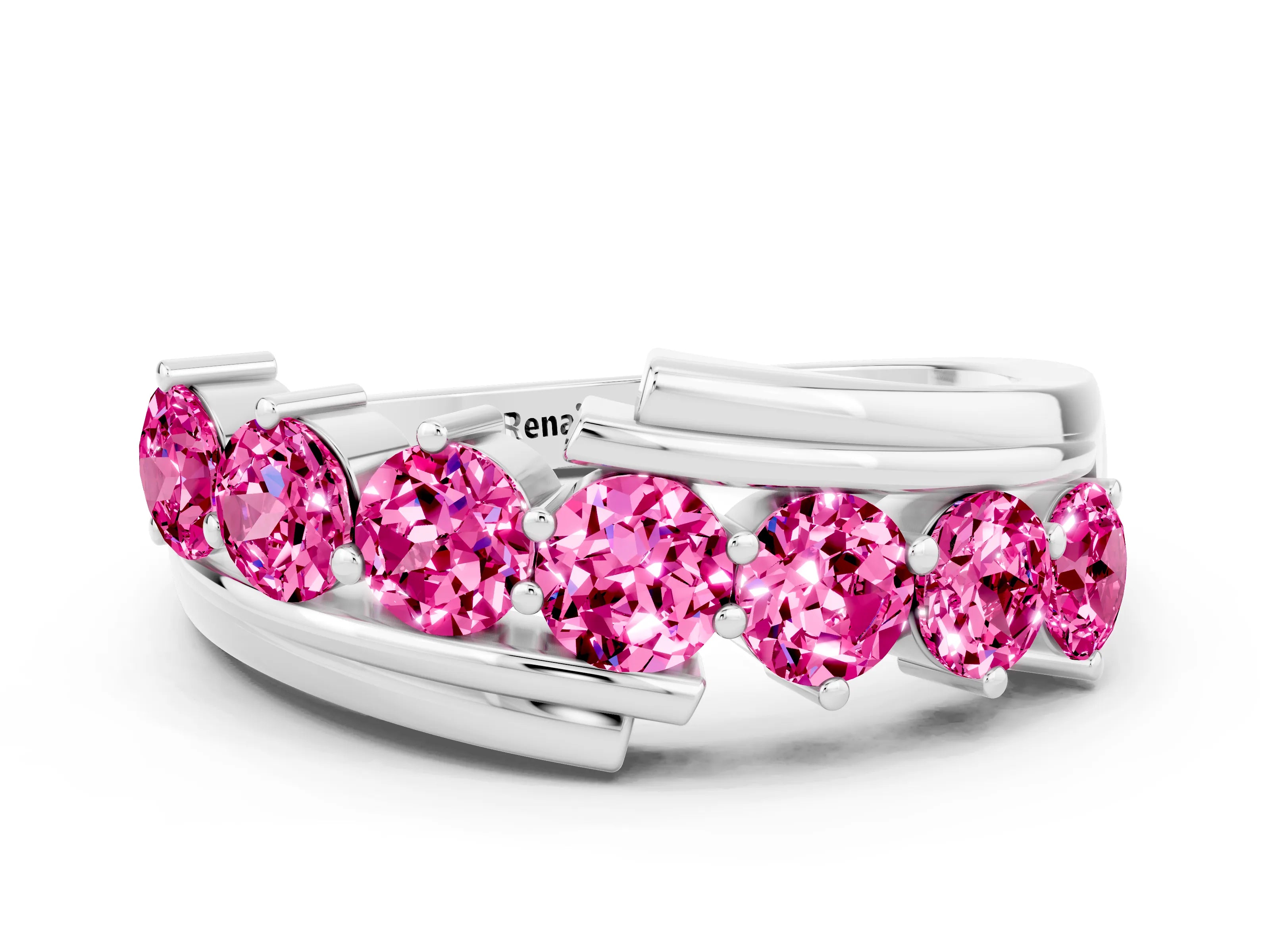 White gold Round Pink Sapphire Wave Band with Channel and Shared Prong Setting_18