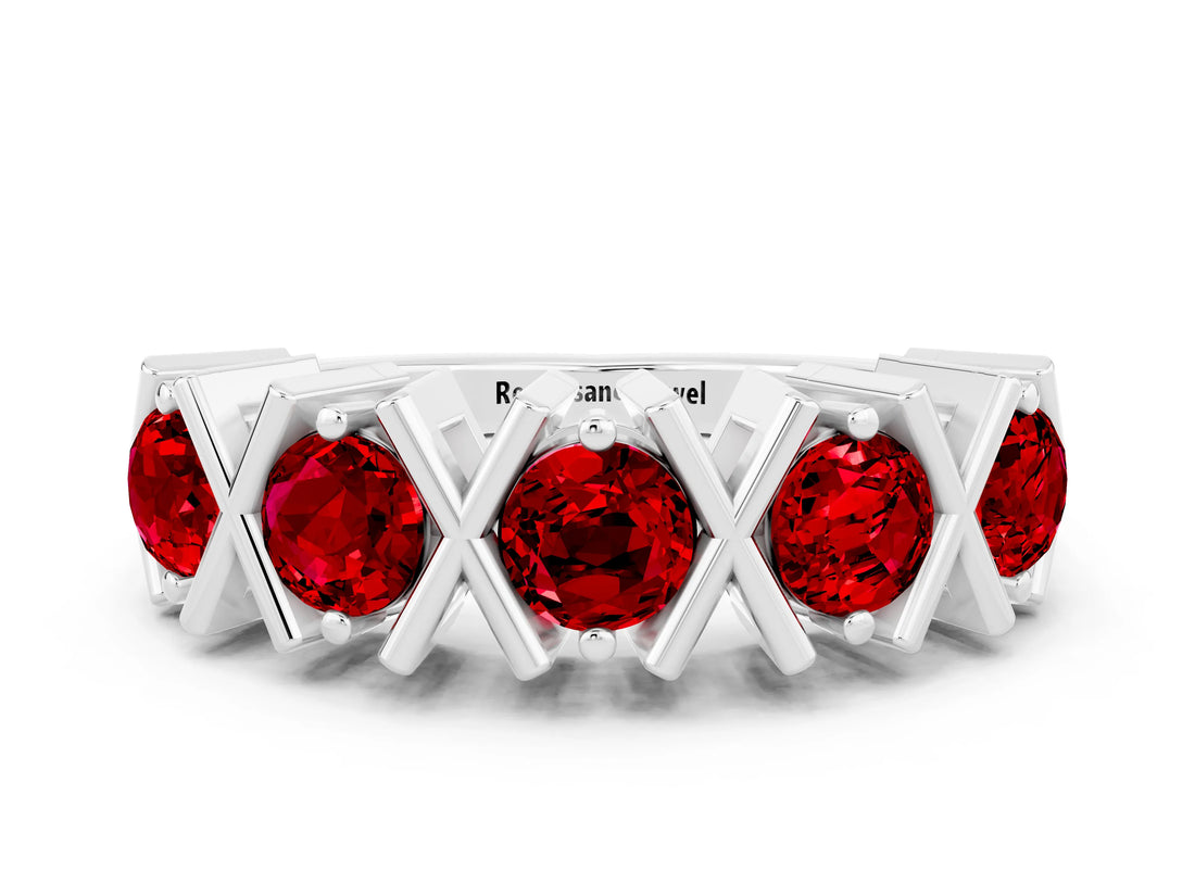 White gold Round Ruby Channel Set Band with X-Prong Detail_6