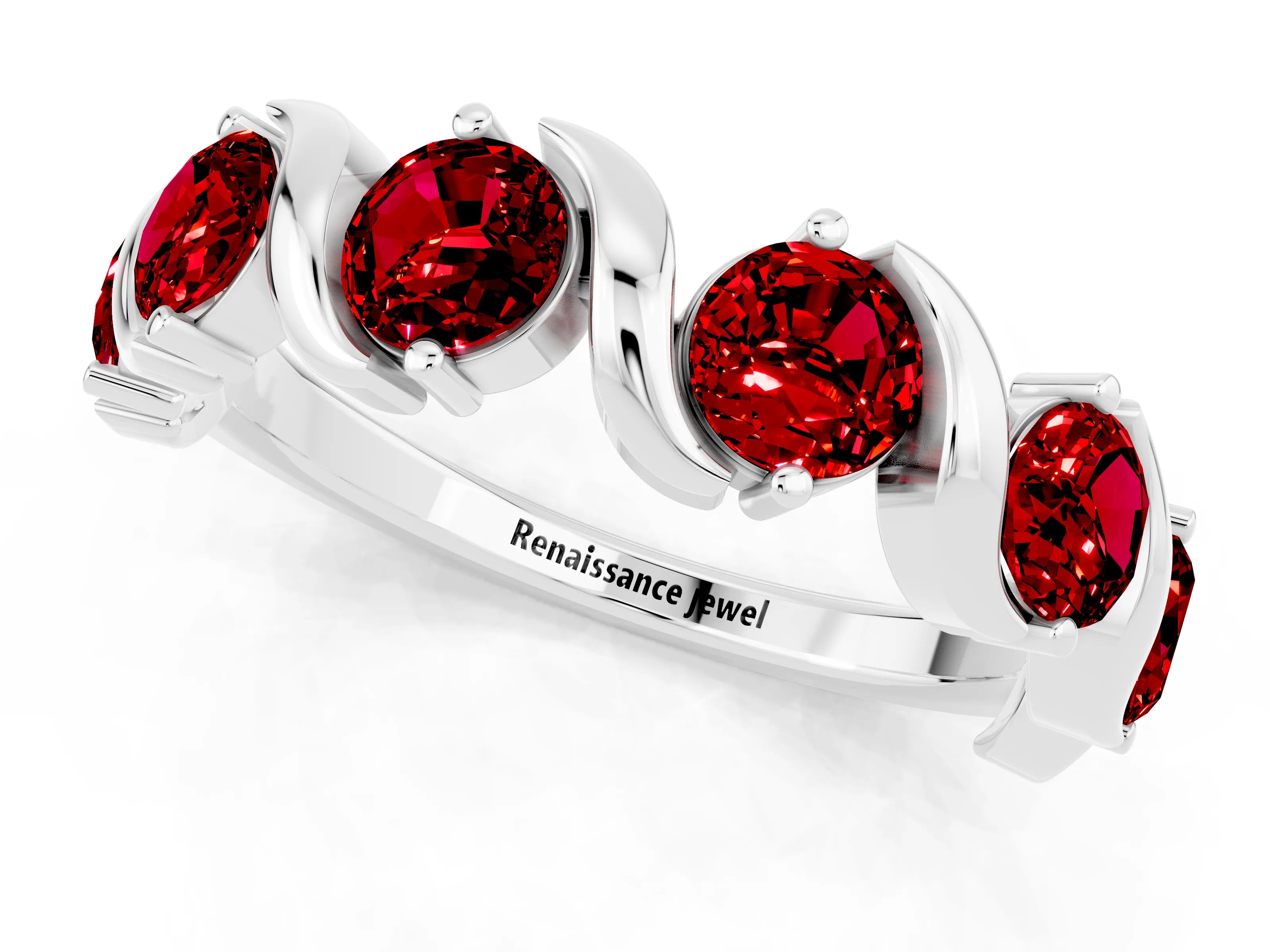 White gold Round Ruby Half Eternity Band with Wave Prong Setting_7