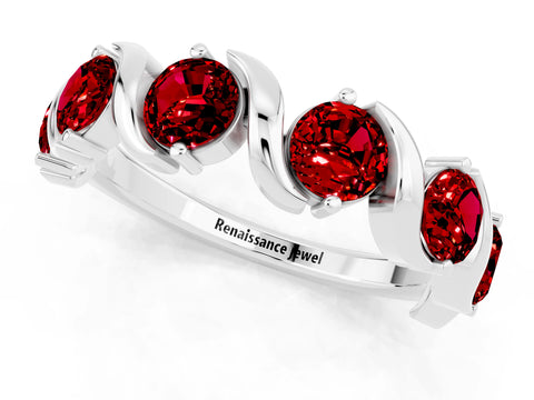 White gold Round Ruby Half Eternity Band with Wave Prong Setting_7