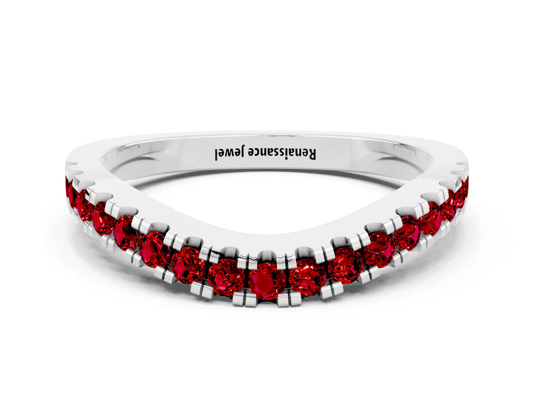 White gold Round Ruby Pavé Curved Band with Shared Prong Setting_6