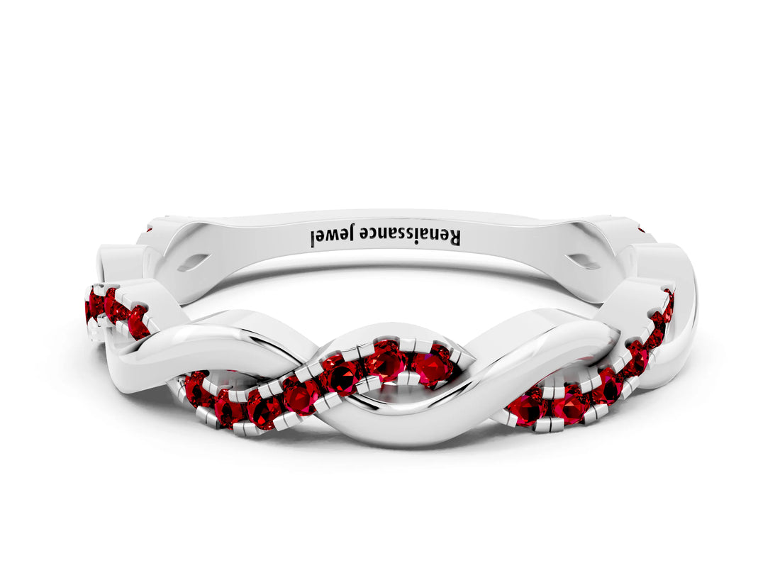 White gold Round Ruby Twist Eternity Band with Pavé Setting_6