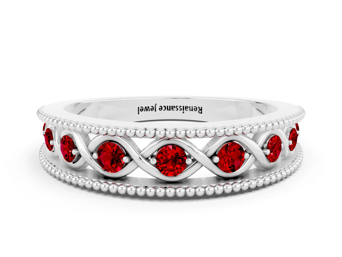 White gold Round Ruby Twist Milgrain Band with Bezel Setting_12