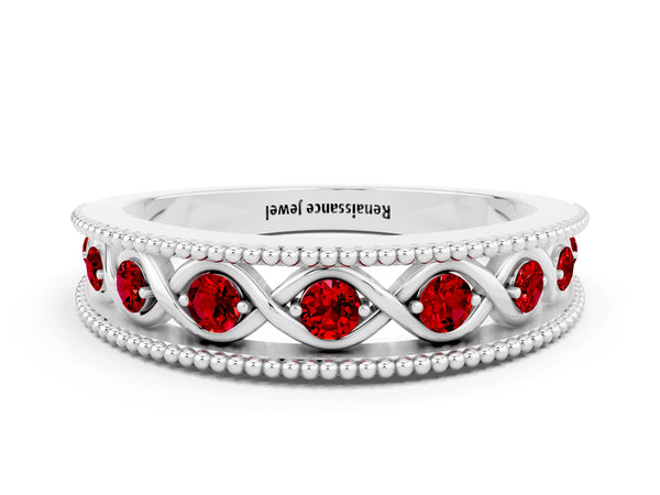 White Gold Round Lab-Grown Ruby Vintage Twist Wedding Band with Milgrain Rails