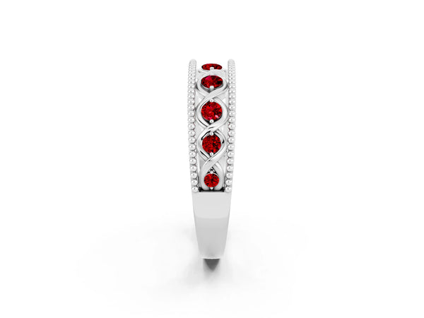 White Gold Round Lab-Grown Ruby Vintage Twist Wedding Band with Milgrain Rails