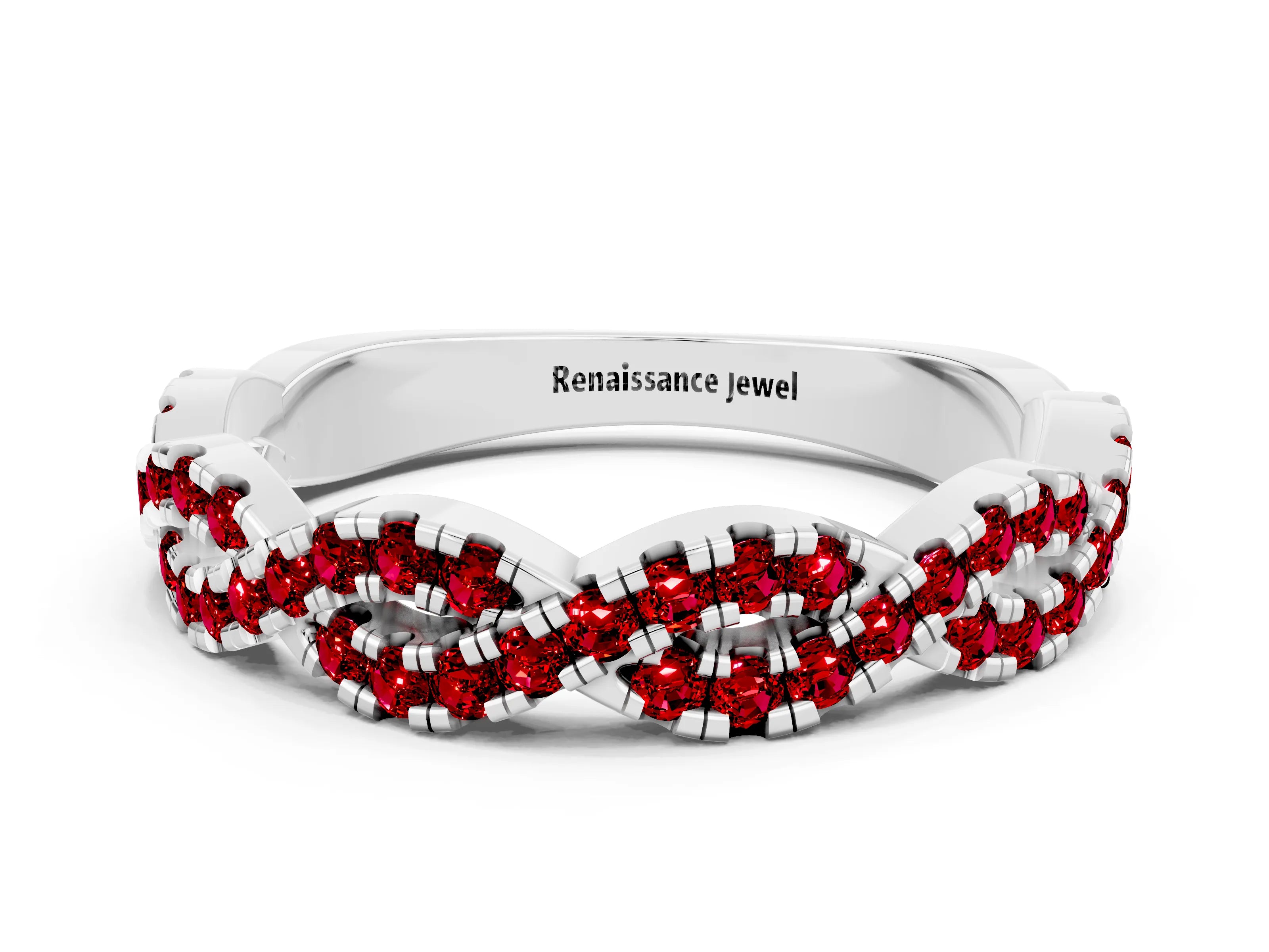 White gold Round Ruby Twisted Eternity Band with Pavé and Shared Prong Setting_18