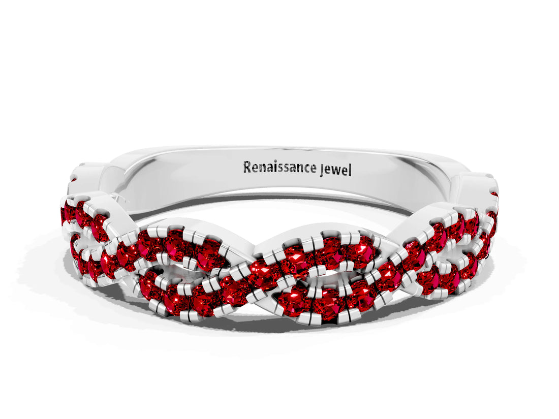 White gold Round Ruby Twisted Eternity Band with Pavé and Shared Prong Setting_18