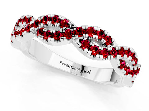 White gold Round Ruby Twisted Eternity Band with Pavé and Shared Prong Setting_19