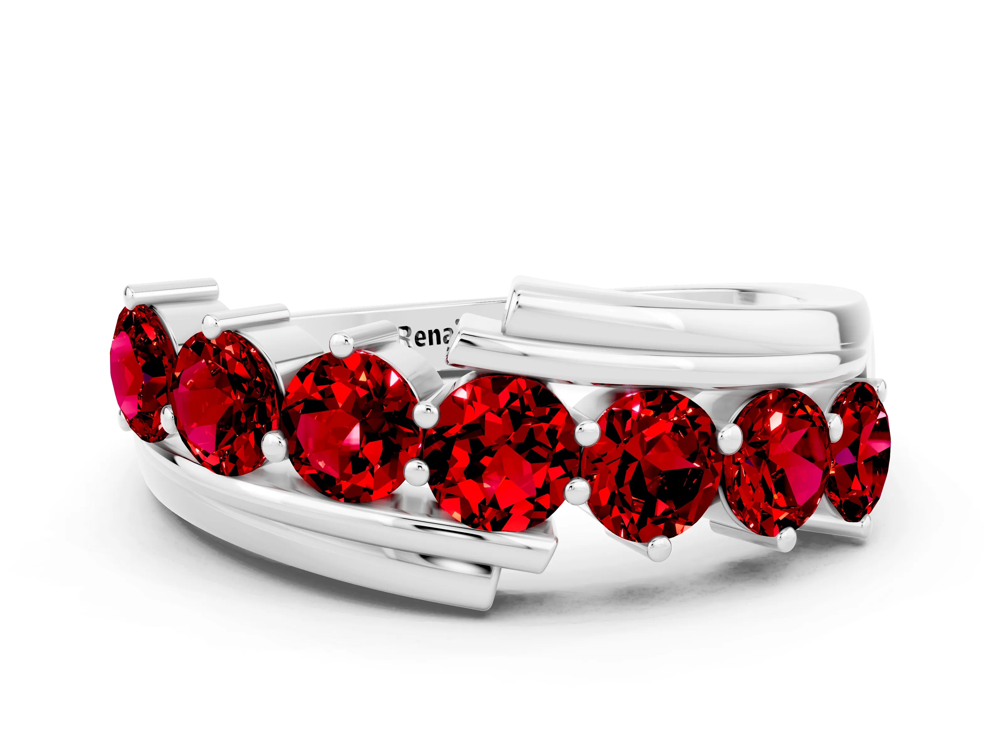 White gold Round Ruby Wave Band with Channel and Shared Prong Setting_18