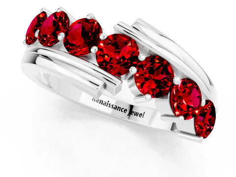 White gold Round Ruby Wave Band with Channel and Shared Prong Setting_19