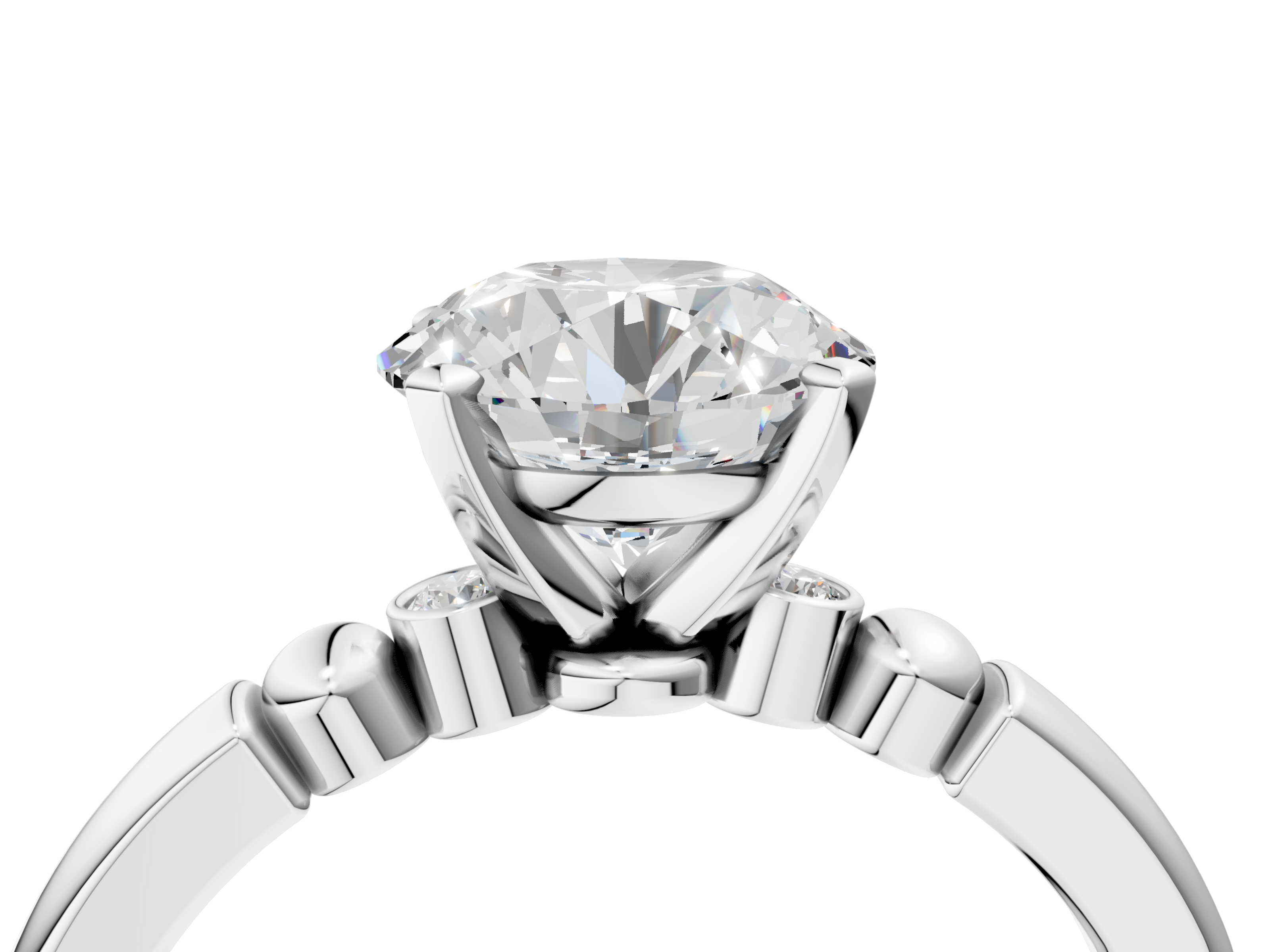 White gold Round Solitaire Beaded Band with Four-Prong Setting_55