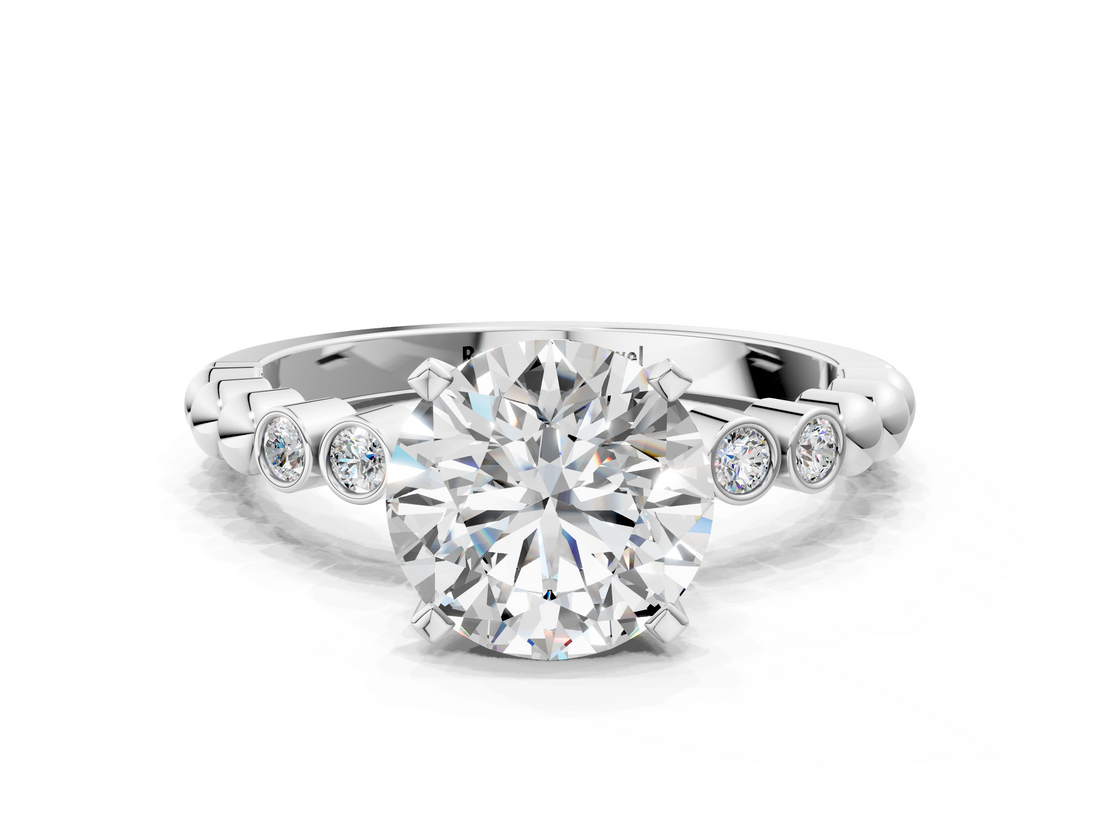 White gold Round Solitaire Bezel Accent Diamond Engagement Ring with Beaded Band and Four-Prong Setting_114