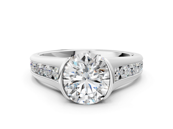 White gold Round Solitaire Bezel-Set Diamond Ring with Channel-Set Band