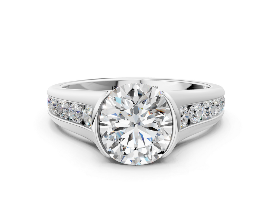 White gold Round Solitaire Bezel-Set Diamond Ring with Channel-Set Band