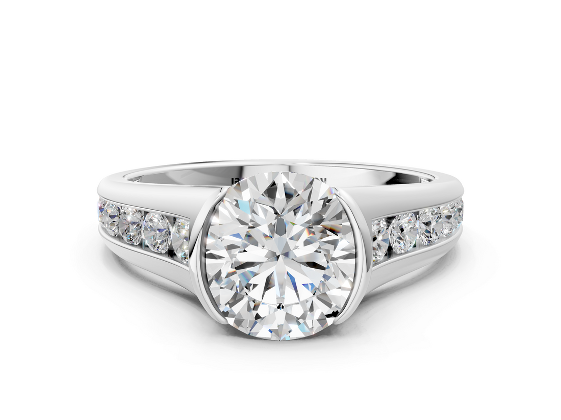 White gold Round Solitaire Bezel-Set Diamond Ring with Channel-Set Band_56