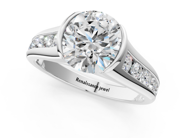 White gold Round Solitaire Bezel-Set Diamond Ring with Channel-Set Band