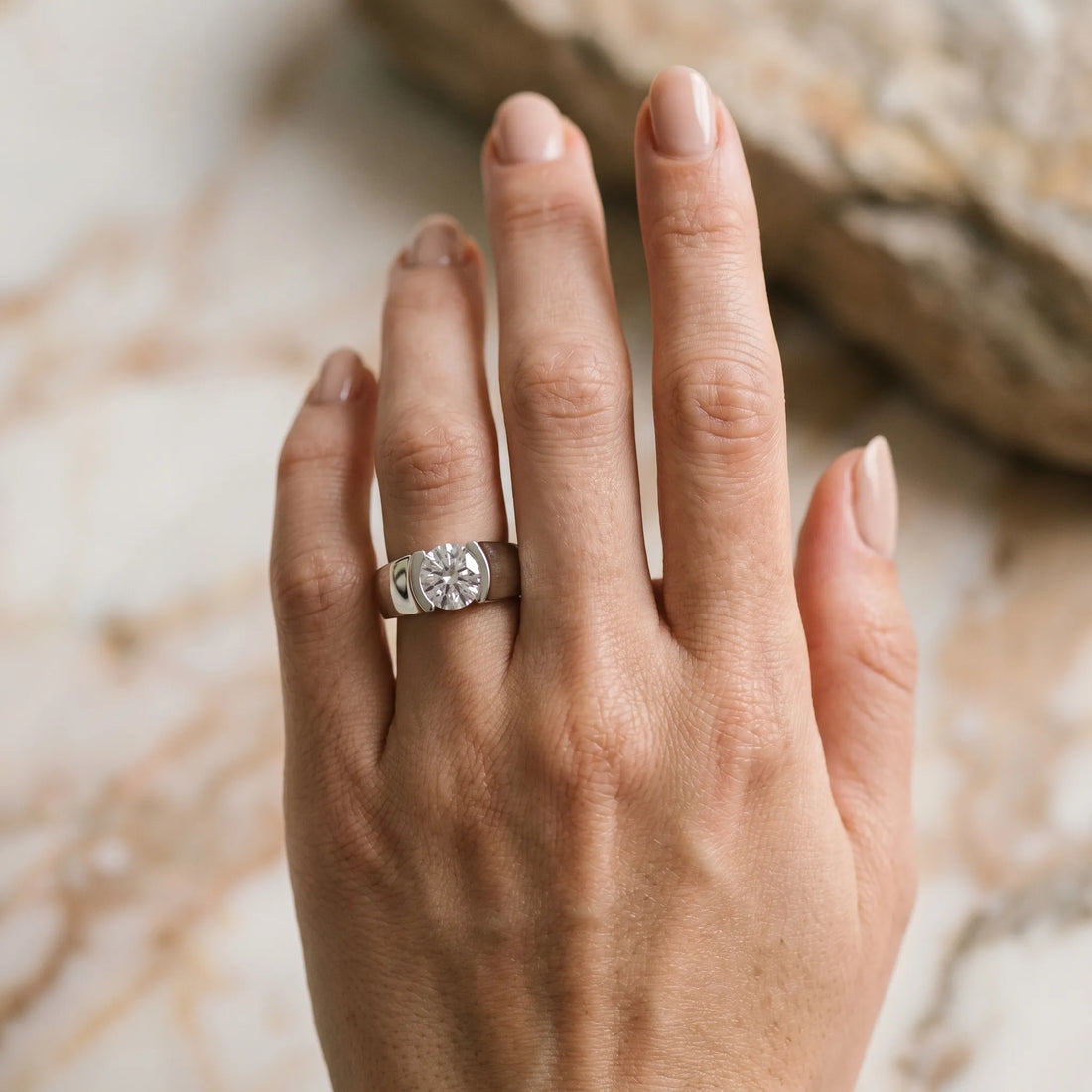White gold Round Solitaire Bezel Set Diamond Ring with Wide Band_70