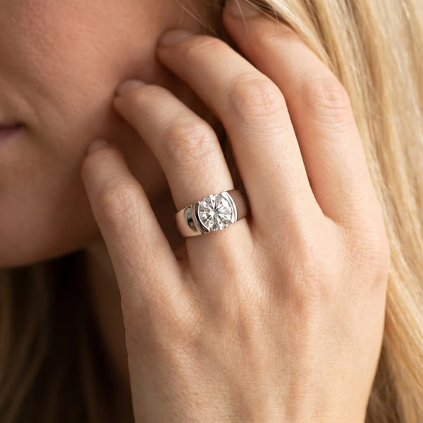 White gold Round Solitaire Bezel Set Diamond Ring with Wide Band
