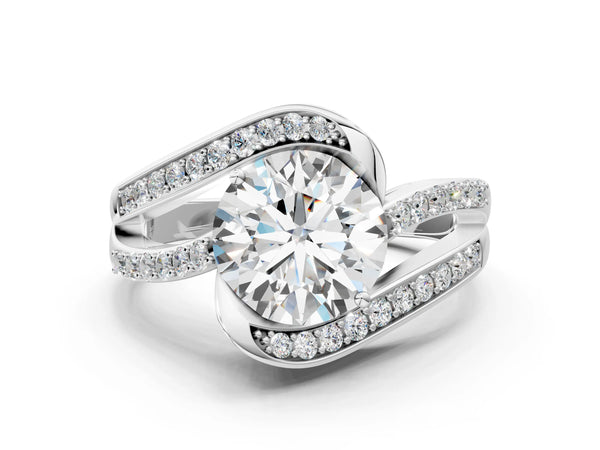 White gold Round Solitaire Bypass Diamond Engagement Ring with Channel-Set Band and Four-Prong Setting