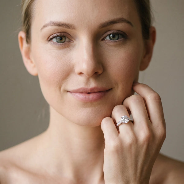 White gold Round Solitaire Cathedral Diamond Engagement Ring with Channel-Set Band and Four-Prong Setting