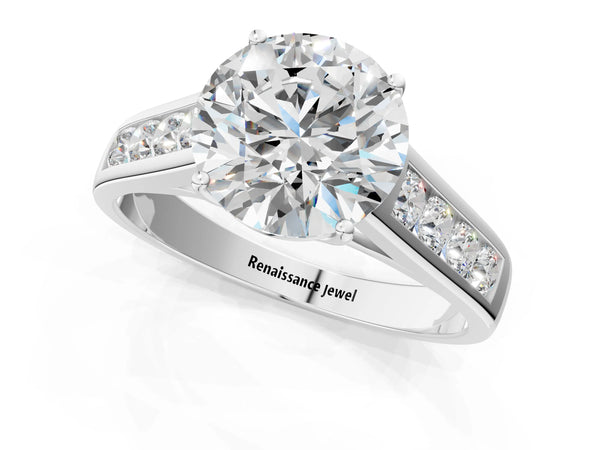 White gold Round Solitaire Channel-Set Diamond Engagement Ring with Four-Prong Setting