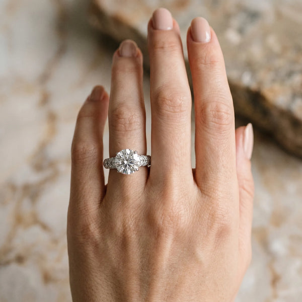 White gold Round Solitaire Chevron Pave Diamond Engagement Ring with Six-Prong Setting