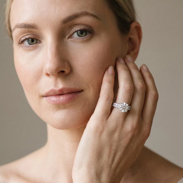 White gold Round Solitaire Chevron Pave Diamond Engagement Ring with Six-Prong Setting