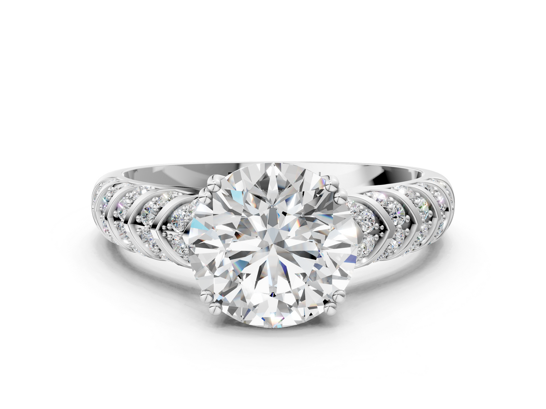 White gold Round Solitaire Chevron Pave Diamond Engagement Ring with Six-Prong Setting_21
