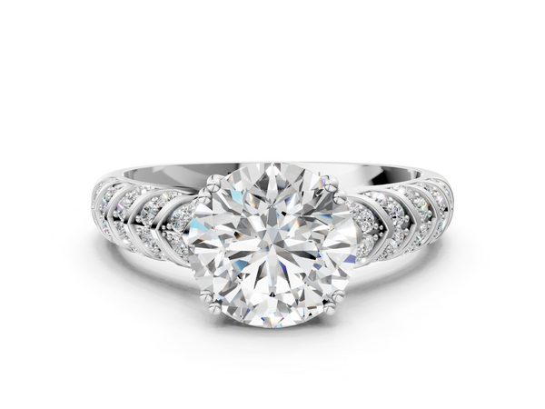 White gold Round Solitaire Chevron Pave Diamond Engagement Ring with Six-Prong Setting