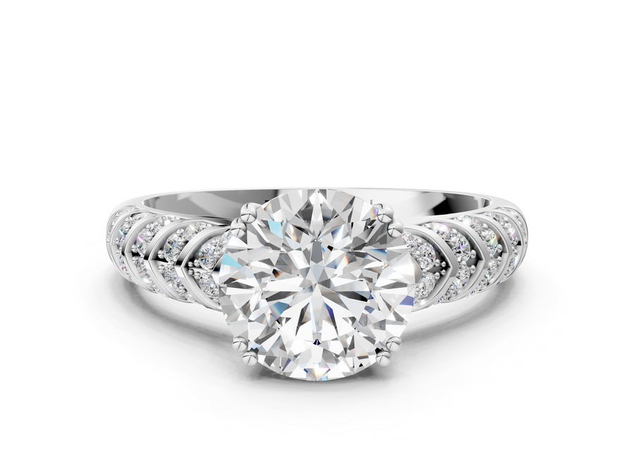 White gold Round Solitaire Chevron Pave Diamond Engagement Ring with Six-Prong Setting