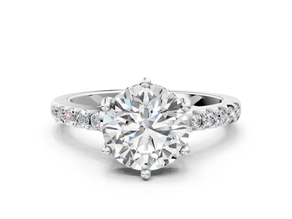 White gold Round Solitaire Diamond Engagement Ring with Pavé Band and Six-Prong Setting