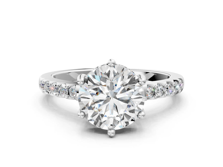 White gold Round Solitaire Diamond Engagement Ring with Pavé Band and Six-Prong Setting