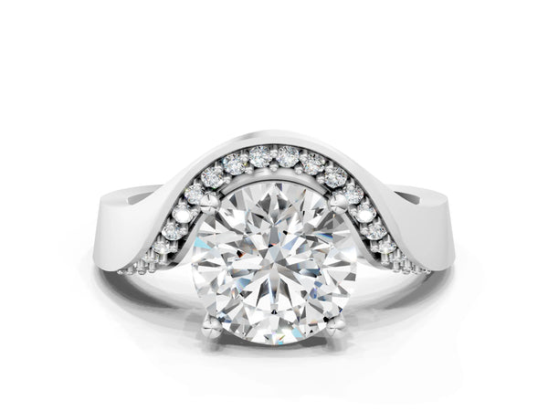 White gold Round Solitaire Diamond Engagement Ring with Pave Band and Four-Prong Setting