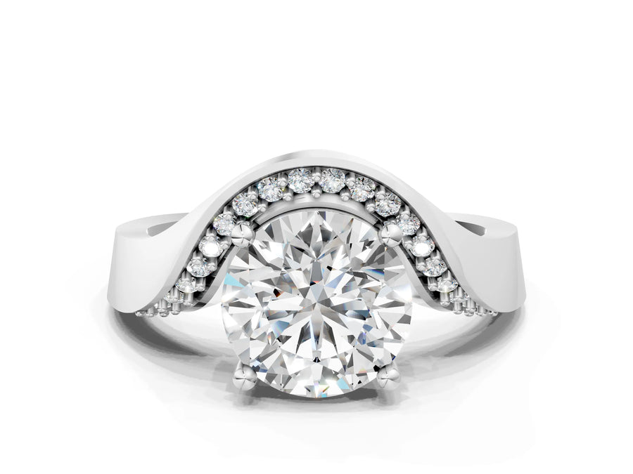 White gold Round Solitaire Diamond Engagement Ring with Pave Band and Four-Prong Setting