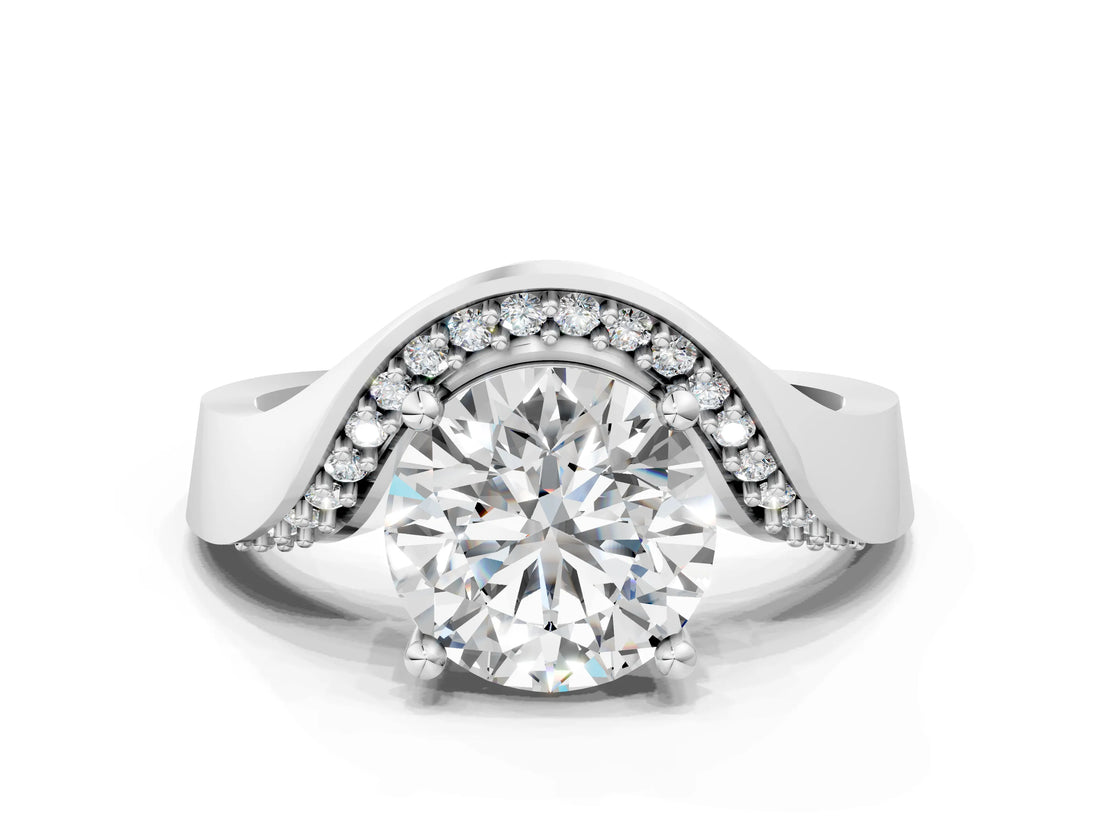 14K White Gold 3.01 Carat E VVS2 Round Solitaire Diamond Engagement Ring with Pave Band and Four-Prong Setting