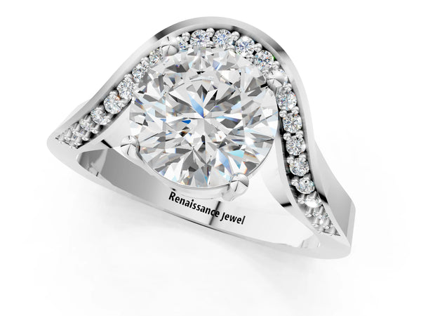 White gold Round Solitaire Diamond Engagement Ring with Pave Band and Four-Prong Setting