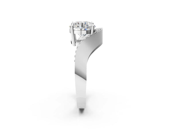 White gold Round Solitaire Diamond Engagement Ring with Pave Band and Four-Prong Setting