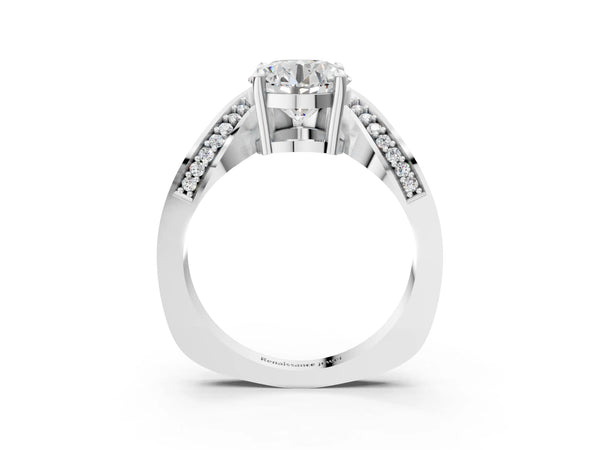 White gold Round Solitaire Diamond Engagement Ring with Pave Band and Four-Prong Setting