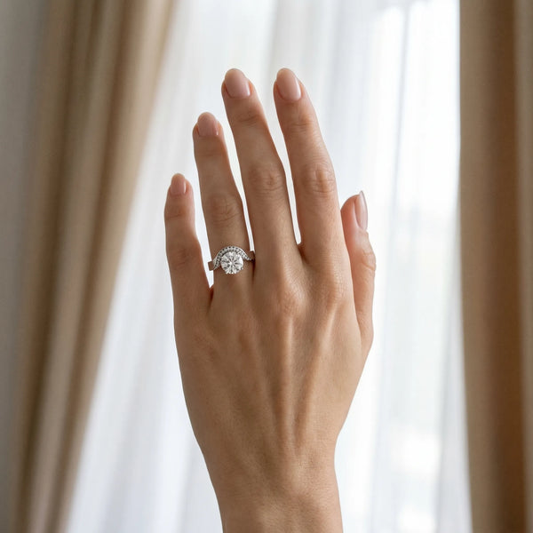White gold Round Solitaire Diamond Engagement Ring with Pave Band and Four-Prong Setting